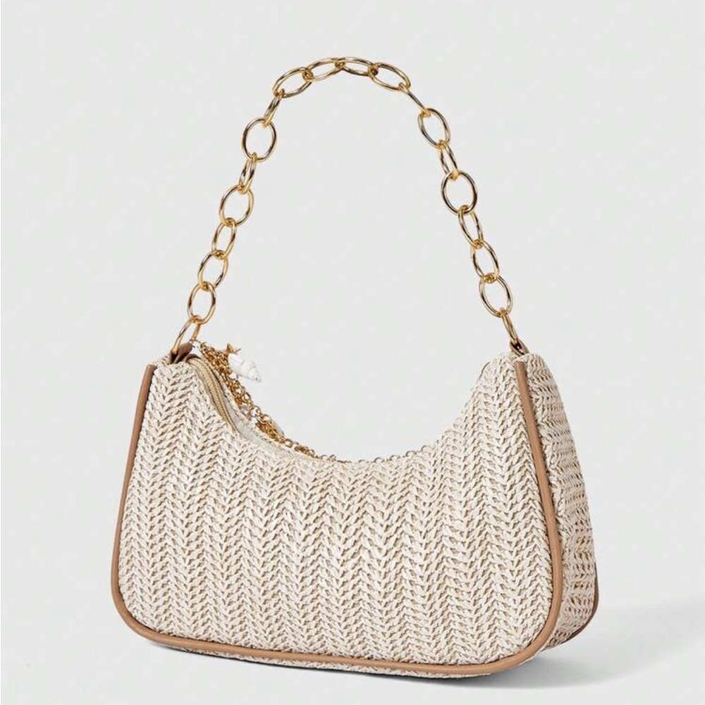 Starfish Boho Straw Shoulder Bag with Gold Chain and Shell Charms - Picture 5 of 6